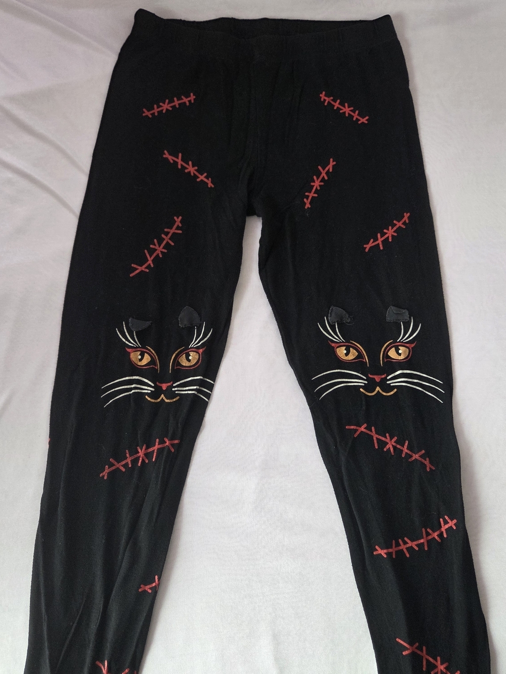 Black Cat Face Leggings with Red Stitch Accents
